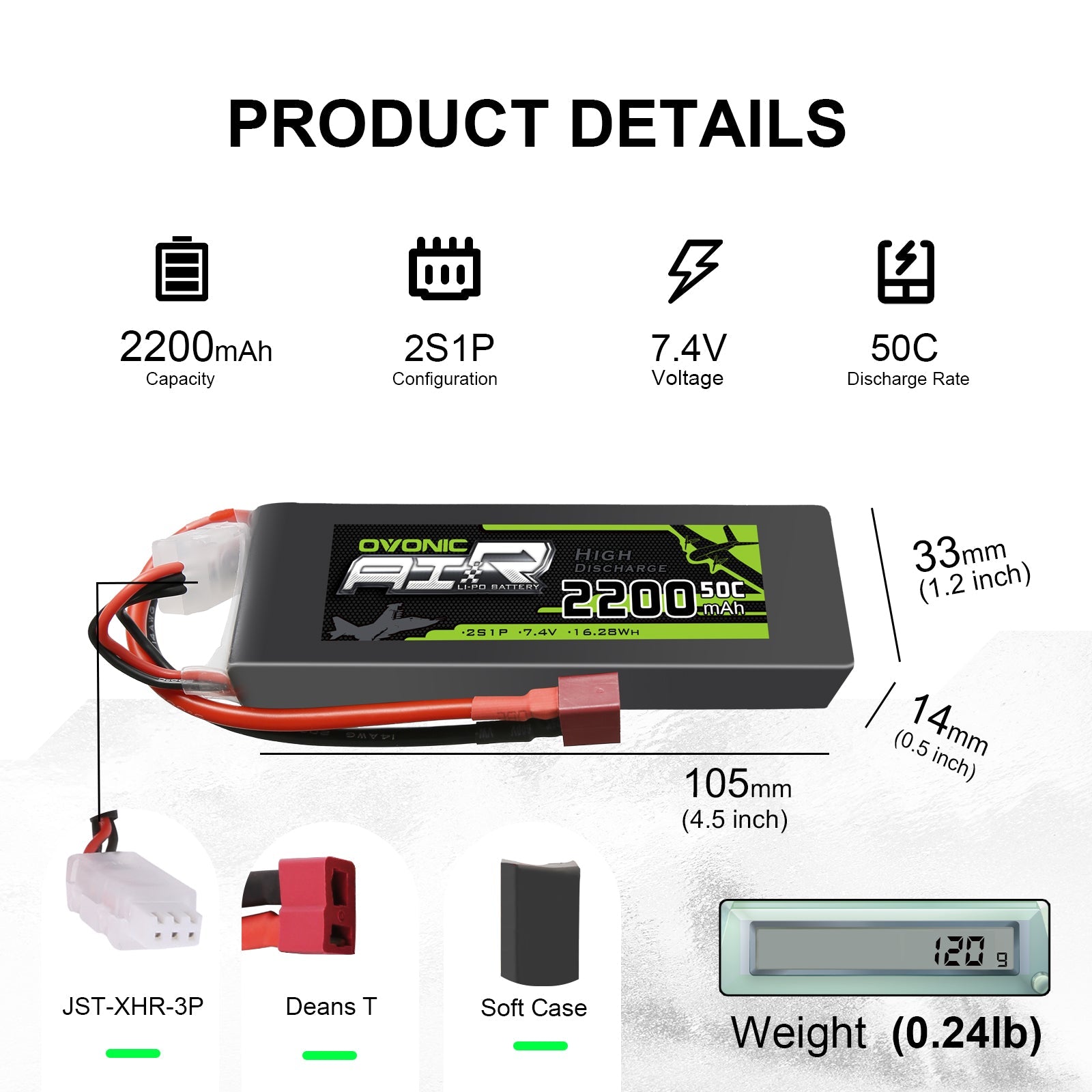 2×OVONIC 2S LiPo Battery Pack 2200mAh 50C 7.4V with Deans Plug