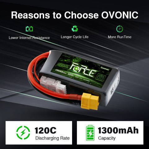 2-Pack Ovonic Force 3S 1300mAh 120C 11.1V LiPo Battery w/XT60 Plug for 5" FPV Drone, Glider & RC Helicopter