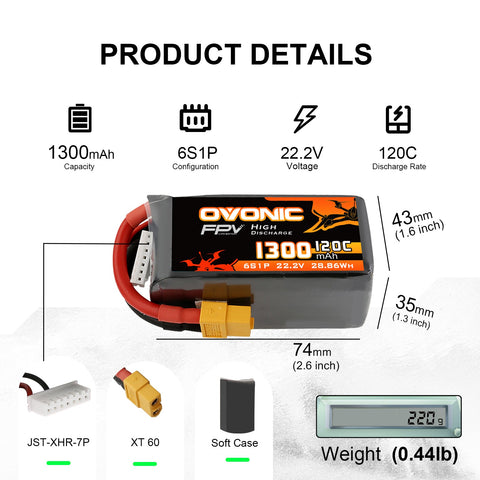 [4 Packs] Ovonic 120C 6S 1300mAh 22.2V LiPo Battery Pack for FPV Racing - XT60 Plug - Ampow