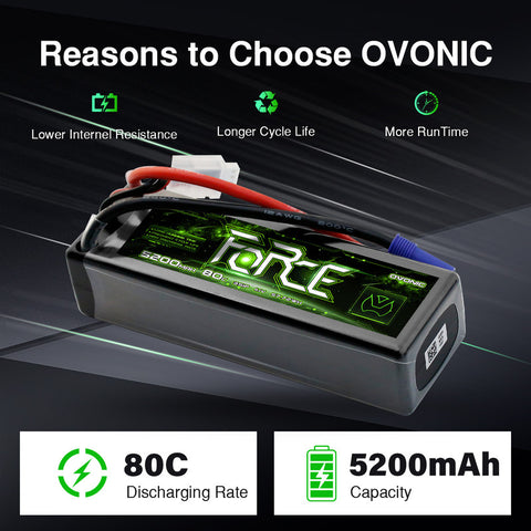 2-Pack Ovonic Force 3S 5200mAh 80C 11.1V Hardcase LiPo Battery w/EC5 Plug for 1/10 RC Car, Buggy & Bashers