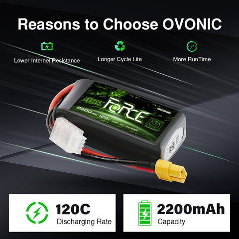2-Pack Ovonic Force 3S 2200mAh 120C 11.1V Short LiPo Battery w/XT60 Plug for 1/10 Race Buggy & On-Road Car (Voltage Checker Included)