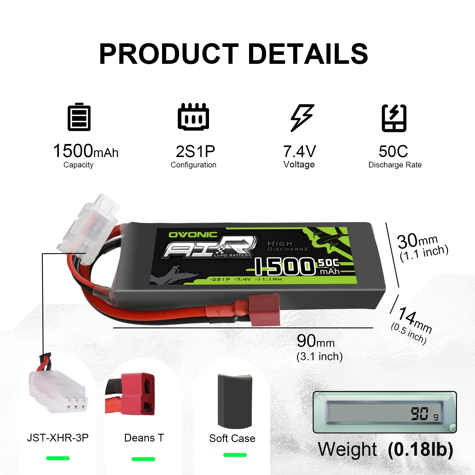 OVONIC 2S LiPo Battery Pack 1500mAh 50C 7.4V with Deans Plug for Foamy RC Planes