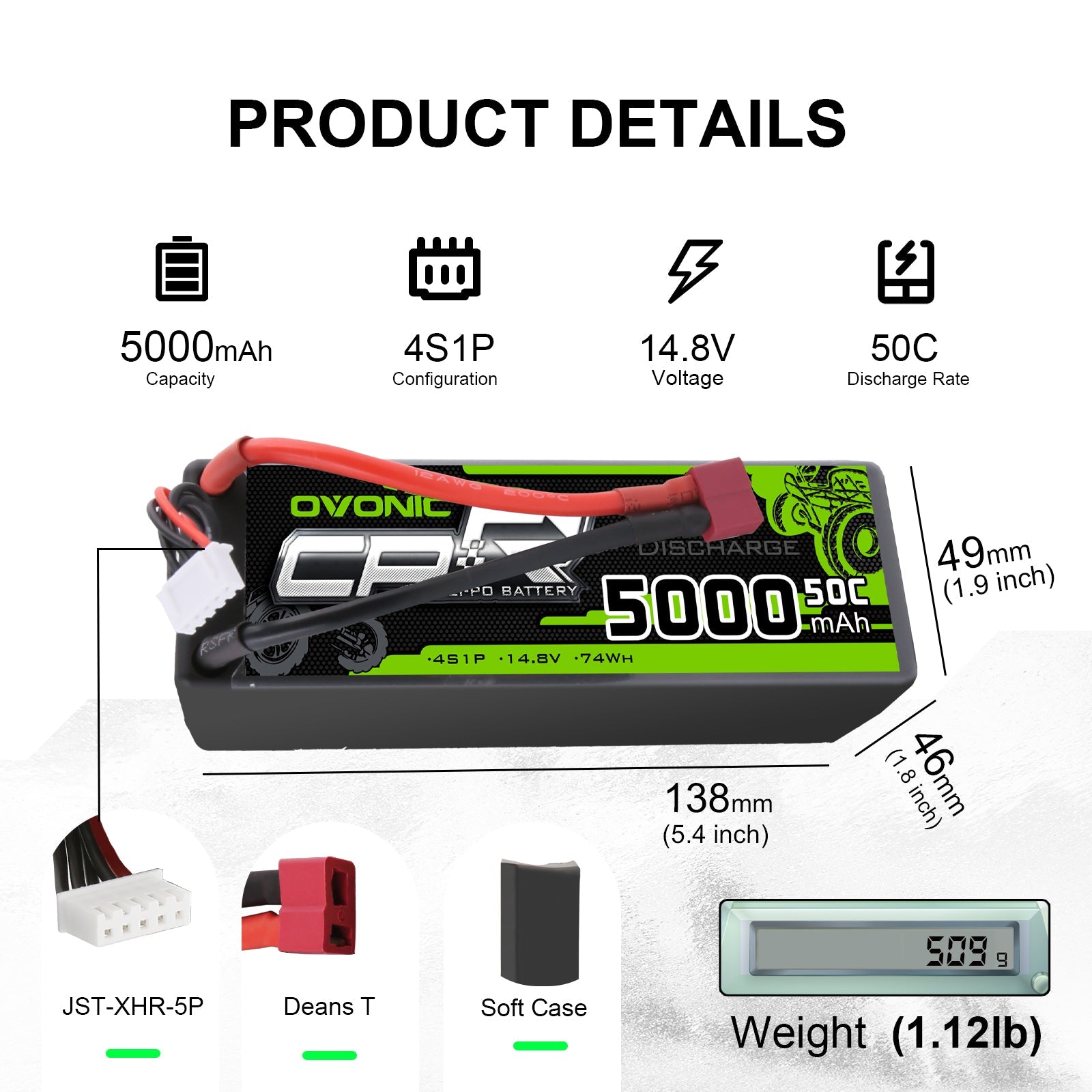 OVONIC 4S LiPo Battery Pack 5000mAh 50C 14.8V Hardcase with Deans Plug for 1/8 RC Buggy