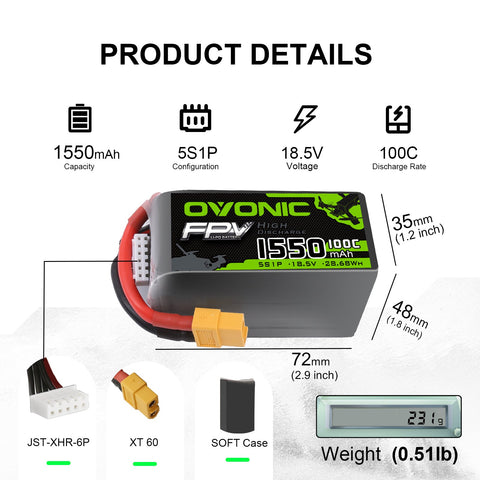 OVONIC 5S LiPo Battery Pack 1550mAh 100C 18.5V with XT60 Plug for Mini FPV Drone Quadcopter Drone