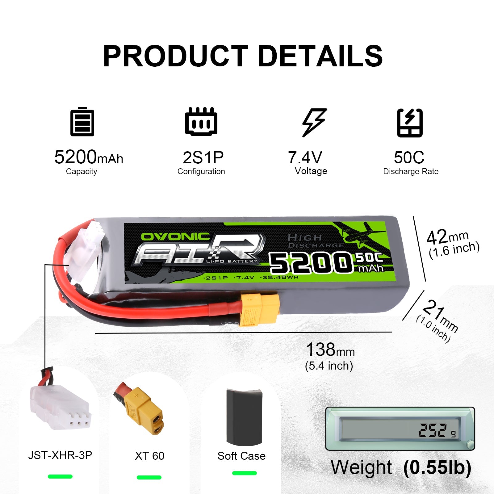 OVONIC 2S LiPo Battery Pack 5200mAh 50C 7.4V with XT60 Plug for 1/8 Scale RC Cars RC Truck RC Buggy