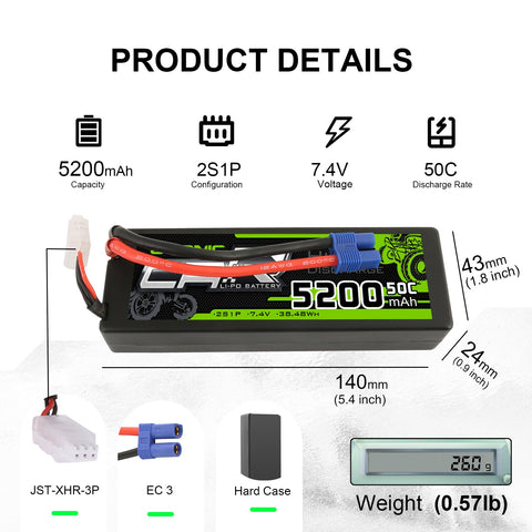 OVONIC 7.4V 5200mAh 2S1P 50C Hardcase Lipo Battery 24# with XT60 Plug for RC Car Trucks