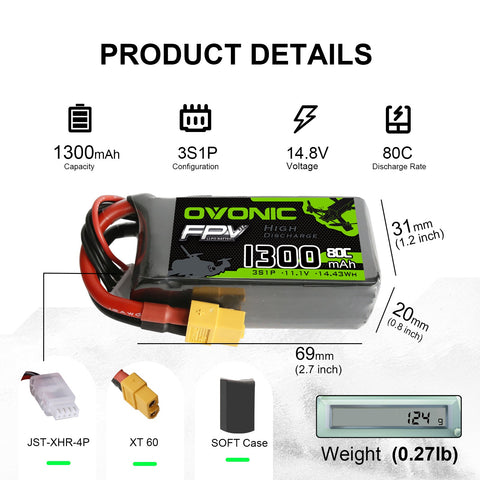 Ovonic 3S Lipo Battery Pack 1300mAh 80C 11.1V with XT60 Plug for FPV Drone