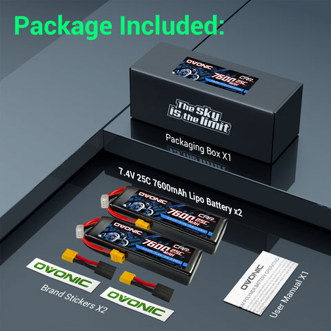 2Pack Ovonic 7.4V 7600mAh 2S2P LiPo Battery Ultra High Capacity with XT60 to TRA Plug for Rustler, Stampede & Arrma