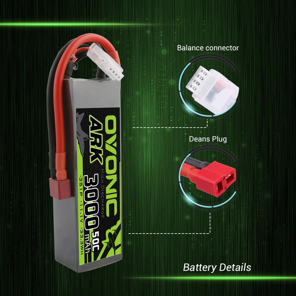 [2 Packs] OVONIC ARK 11.1V 50C 3S 3000mAh Lipo Battery with T Plug for Aircraft - Ampow