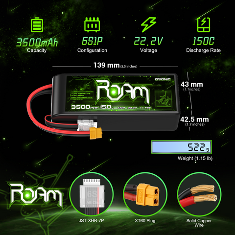 Ovonic Roam Series 6S Lipo Battery 3500mAh 6S1P 150C 22.2V Long Range Lipo Battery with XT60 Plug for 6-8 Inch Long Range X-Class 6S HD Cinelifter