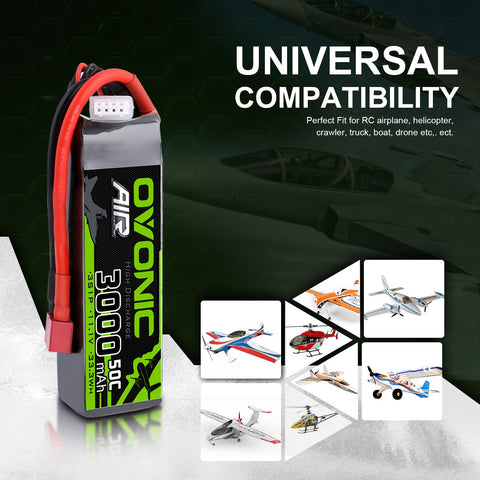 2×Ovonic 3000mAh 3S 50C Lipo Battery 11.1V Long with T Plug for Aircraft