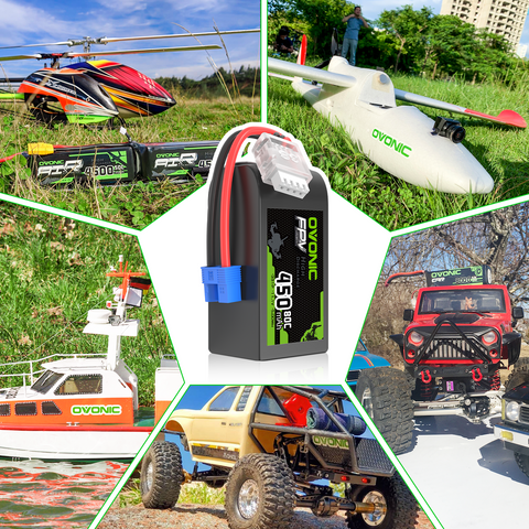 2xOVONIC 11.1V 80C 450mAh 3S LiPo Battery with EC2 Plug for Micro FPV Drones Fixed-Wing Aircraft Helicopters