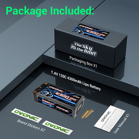 Ovonic 7.4V 120C 4300mAh 2S LiPo Hardcase Battery with 5.0mm Bullet Connector for 1/10 RC Racing & High-Speed Bashing (1/2 Pack)