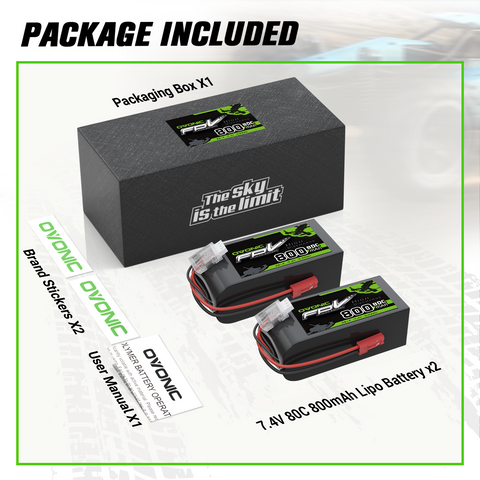 2×OVONIC 7.4V 80C 800mAh 2S LiPo Battery with JST Plug for Tinywhoop Micro Helicopters 800mm Warbird