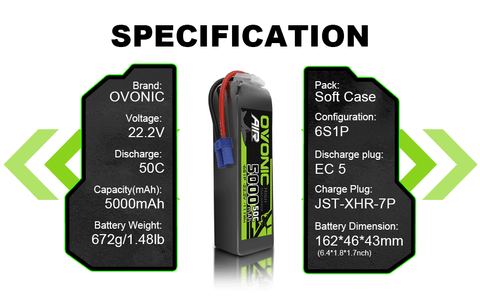 Ovonic 5000mah 6S 22.2V 50C Lipo Battery Pack with EC5 Plug for Airplane&Heli 1/10 SENTON 6S