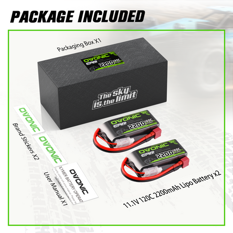 2 × OVONIC 3S Short LiPo Battery 11.1V 2200mAh 120C with Deans-T Plug for RC Cars Trucks Airplanes Helicopters Boats