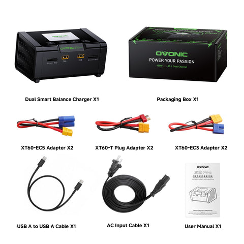 OVONIC X2 Pro Dual Channel Smart LiPo Balance Charger AC 400W DC 600W x2 20A with 3.5-inch IPS Display and Bluetooth APP Control for 1-8S LiPo LiHV Li-Ion NiMH Battery