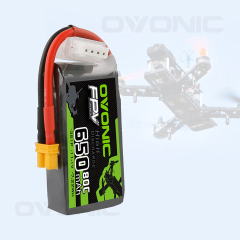 [4 Packs]Ovonic 650mah 3S 11.1V 80C Lipo Battery Pack with XT30 Plug for Small FPV - Ampow