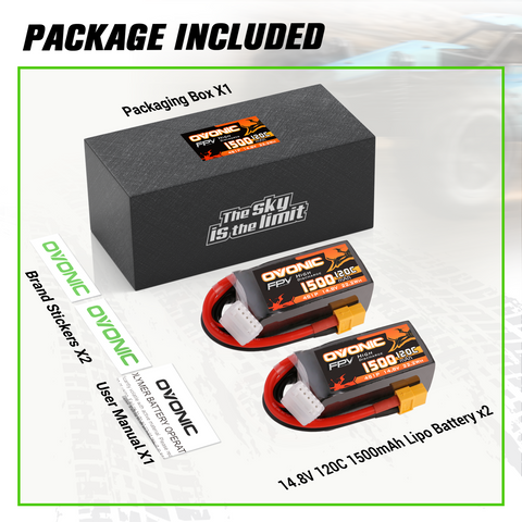 2x Ovonic 120C 4S1P 1500mAh 14.8V LiPo Battery for FPV - XT60 Plug