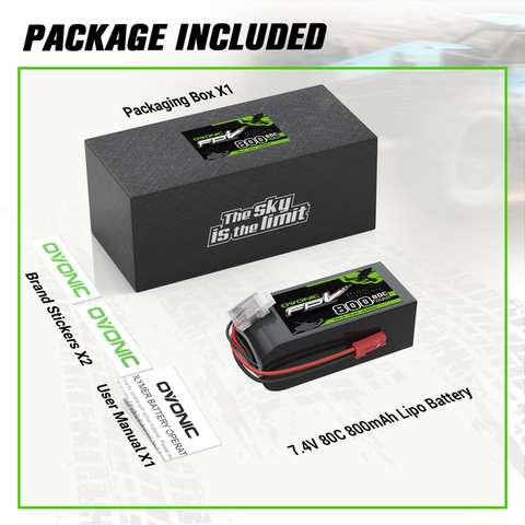 2× OVONIC 11.1V 80C 800mAh 2S LiPo Battery with JST Plug for 250 Helicopters, 800mm Warbird