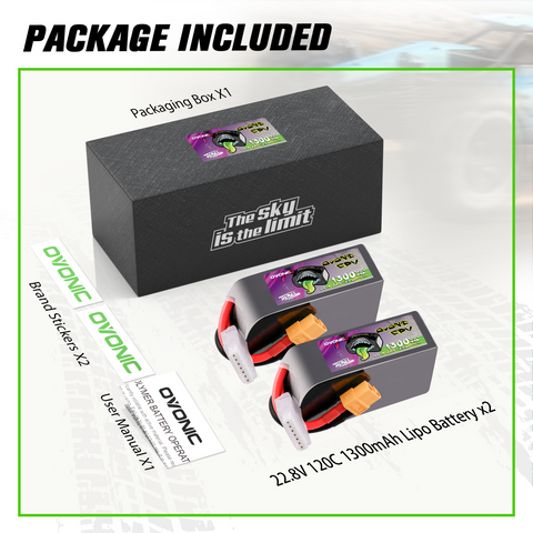 2×Ovonic Rebel 2.0 120C 1300mAh 6S Lipo Battery Pack 22.8V LiHV with XT60 Plug for 5 to 6 inch FPV Drone
