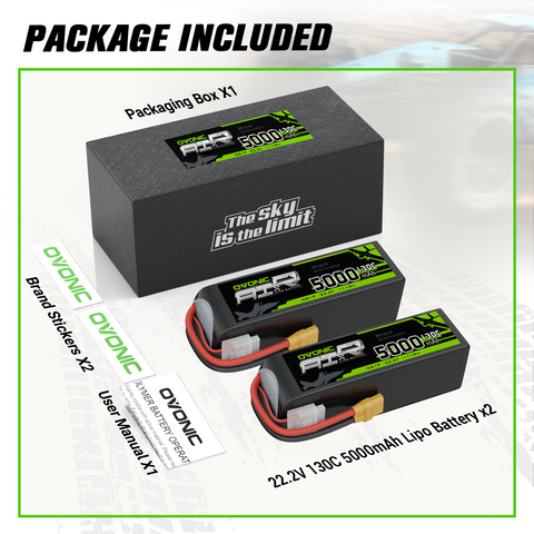 2 × Ovonic 5000mah 6S 22.2V 130C Lipo Battery Pack with XT90 Plug for 1/8 & 1/10 RC Cars, Trucks, Planes