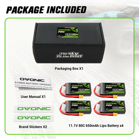 4x Ovonic 80C 14.8V 650mah 4S Lipo Battery with XT30 Plug for 90mm to 150mm FPV Racing Drone