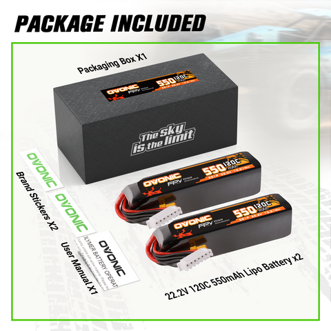 2×Ovonic 120C 550mAh 6S LiPo Battery 22.2V with XT30 Plug for 6S FPV Cinewhoop Drone