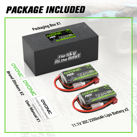 Ovonic 2S 2200mAh 35C 7.4V LiPo Battery with Deans/T-Plug for 1/14 RC Cars, Airplanes, and Helicopters (2 Pack)