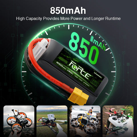 4-Pack Ovonic Force 4S 850mAh 130C 14.8V High C-Rate LiPo Battery w/XT30 Plug for FPV Quad, Freestyle Drone & Micro Jet