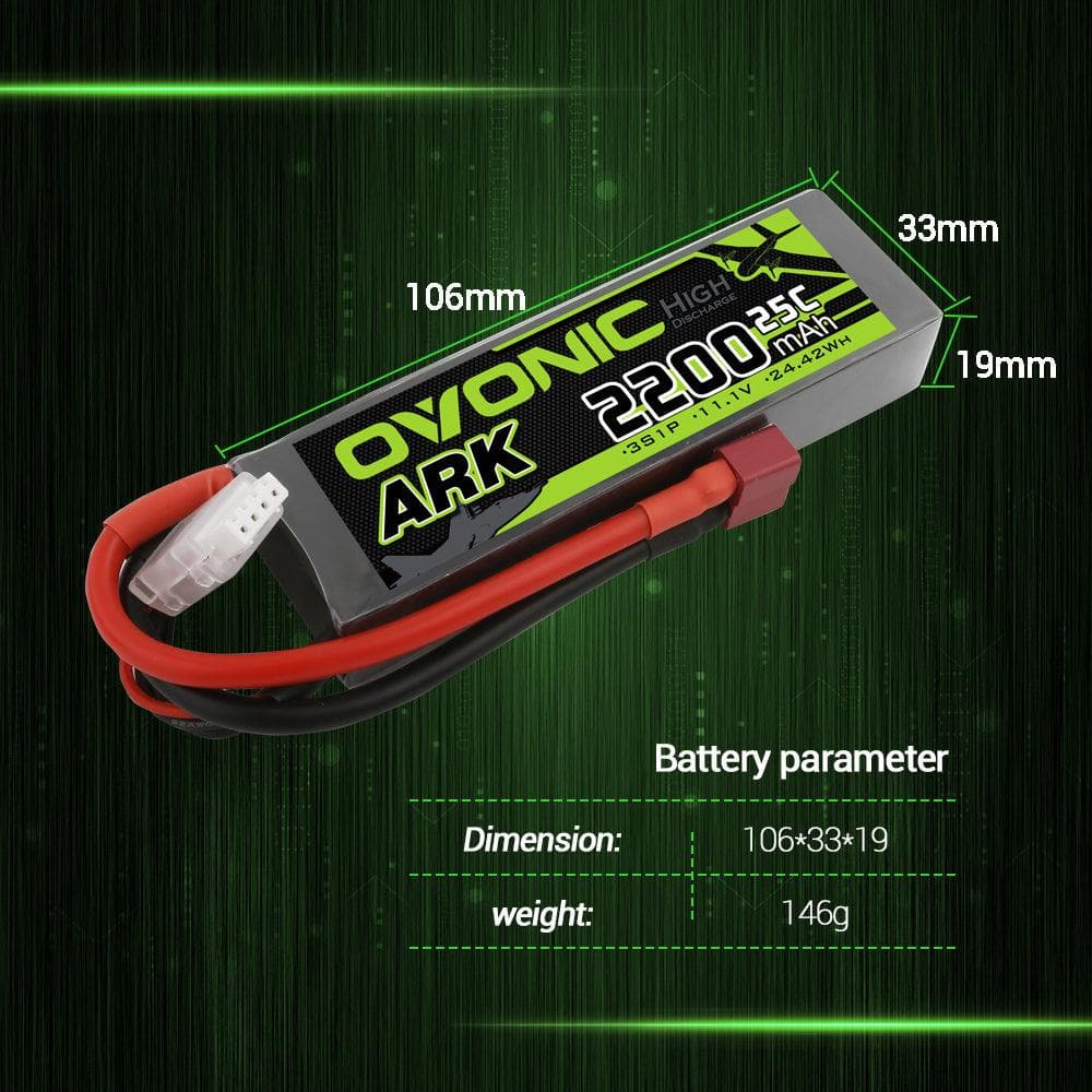 [2 Packs] OVONIC ARK series 11.1V 2200mAh 3S 25C Lipo Battery with Deans for Glider, Park flyer - Ampow