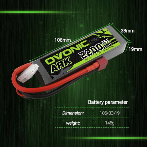 [2 Packs] OVONIC ARK series 11.1V 2200mAh 3S 25C Lipo Battery with Deans for Glider, Park flyer - Ampow