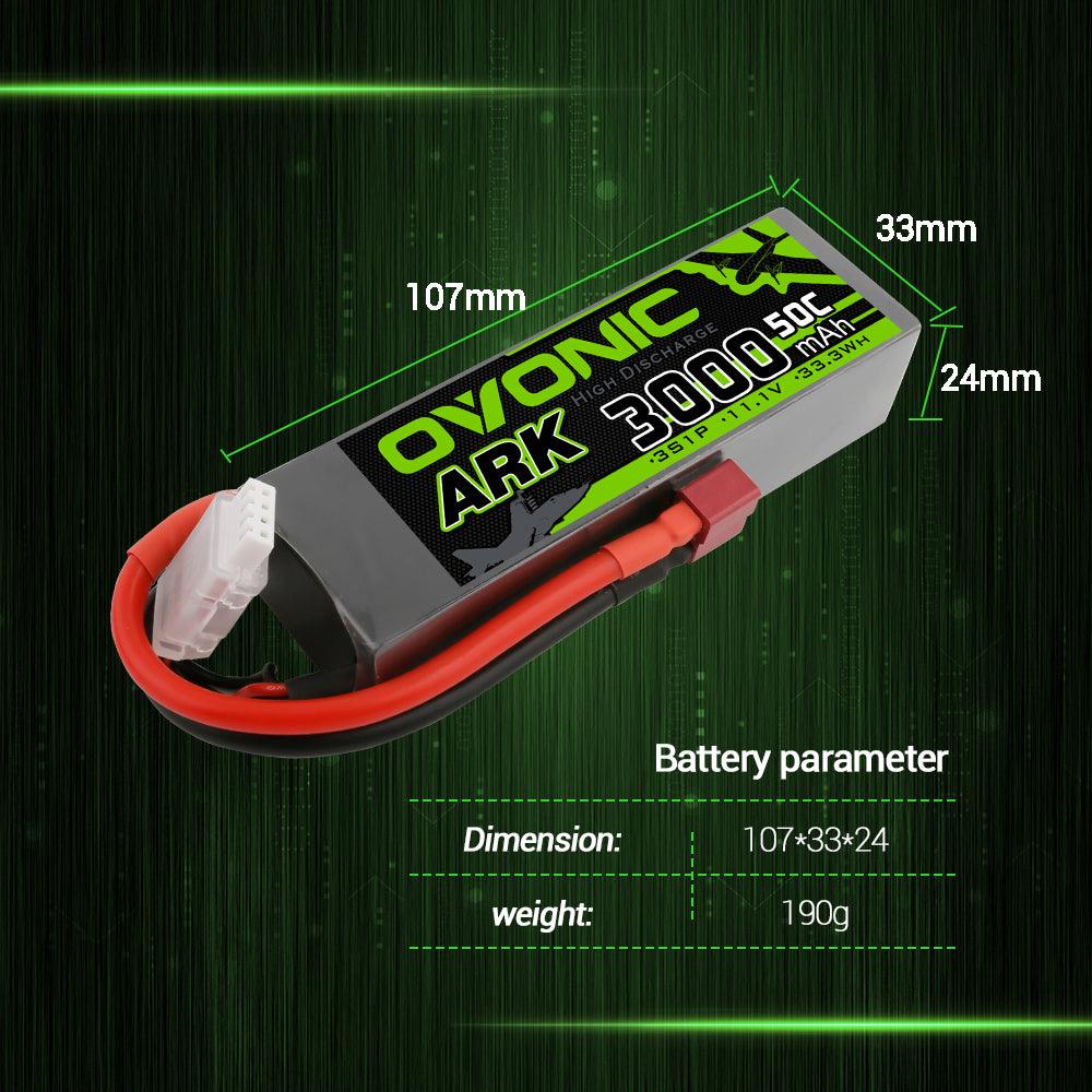 [2 Packs] OVONIC ARK 11.1V 50C 3S 3000mAh Lipo Battery with T Plug for Aircraft - Ampow