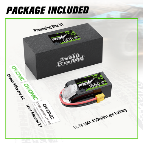OVONIC 11.1V 150C 850mAh 3S LiPo Battery with XT30 Plug for 3 to 5-inch FPV drones 150 &180 Size Quadcopters