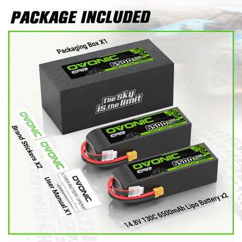 2 x OVONIC 4S 6500mAh 14.8V 130C LiPo Battery with XT60 to TRA Plug for 1/8 & 1/10 scale RC Car Truck Boat