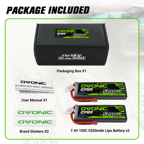2xOvonic 100C 2S1P 5200mAh 7.4V LiPo Battery with Deans Plug for 1/10 scale RC Car RC Truck