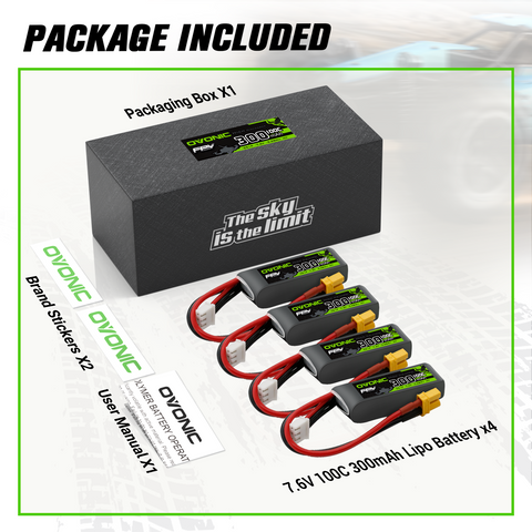 4×OVONIC 2S Lipo Battery 300mAh 2S1P 100C 7.6V LiHV LiPo Battery with XT30 Plug for Tinywhoop 60mm-130mm Brushless FPV Drone