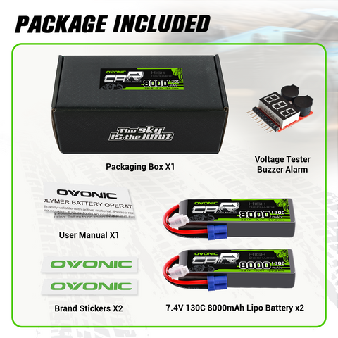 2xOVONIC 2S 8000mAh 7.4V 130C Lipo Battery with EC5 Connector & Lipo Voltage Checker for 1/8 & 1/10 scale RC Car Truck Boat RC Airplane