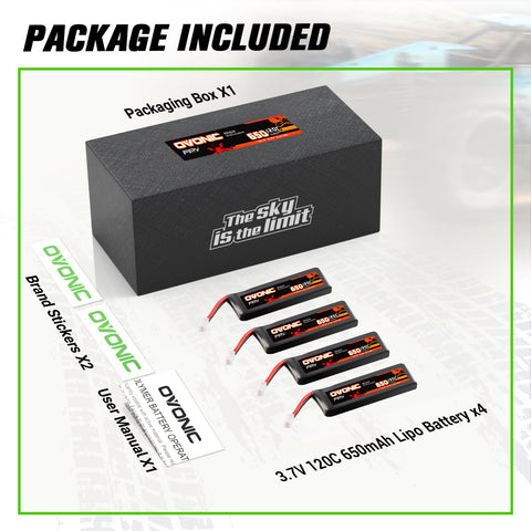 4-Pack Ovonic 1S 650mAh 120C 3.7V LiPo Battery w/PH2.0 Plug
