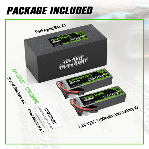 2 x OVONIC 1700mAh 120C 7.4V Lipo Battery with IEC Plug for 2S RC Vehicle 1/10 Scale RC Car Truck