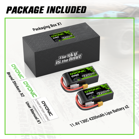 2 Pack OVONIC 3S 11.1V 4200mAh 130C LiPo Battery with XT60 Plug for 1/10 & 1/8 RC Cars Trucks & Rock Crawlers