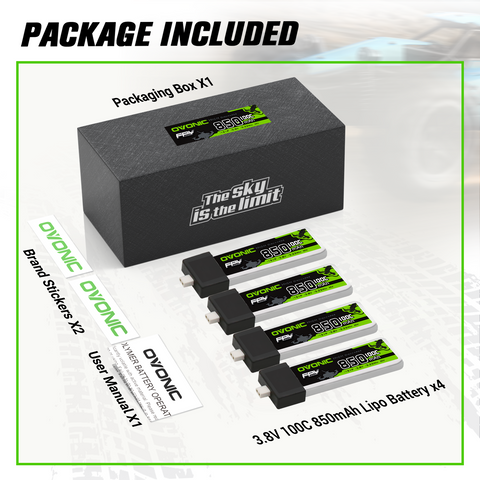 4×OVONIC 1S Lipo Battery 850mAh 1S1P 100C 3.8V LiHV with BT2.0 Plug for Tinywhoop RC Quadcopter 75mm FPV Drone