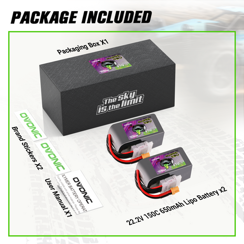 2×Ovonic Rebel 2.0 150C 650mah 6S Lipo Battery 22.2V Pack with XT30 Plug for 2 to 2.5-Inch FPV Multirotor