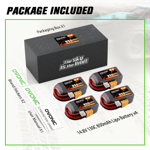 4× OVONIC 11.1V 130C 850mAh 4S LiPo Battery with XT60 Plug for 4S FPV Cinewhoop iFlight Nazgul5 V2 BetaFPV 180X