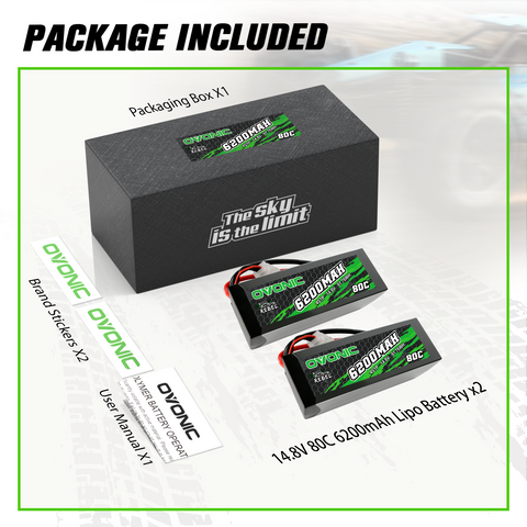 2xOVONIC 4S Lipo Battery 6200mAh 80C 14.8V with EC5 Plug for 1/10 1/8 scale RC Car Truck