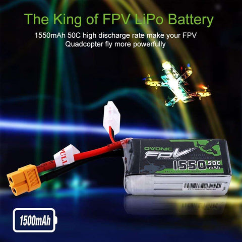 OVONIC 3S LiPo Battery Pack 1550mAh 50C 11.1V with XT60 Plug for FPV Racing Drone