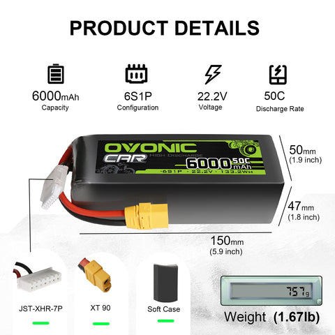 OVONIC 6S Lipo Battery 6000mAh 6S1P 50C 22.2V RC Lipo Battery with XT90 Plug for FPV Drone RC Airplane Quadcopter Helicopter Truck