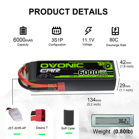 OVONIC 3S Lipo Battery 6000mAh 3S1P 80C 11.1V RC Lipo Battery with Deans T Plug for RC 1/8 1/10 Scale Vehicles Car Trucks Boats