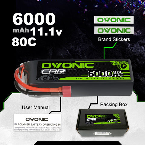 OVONIC 3S Lipo Battery 6000mAh 3S1P 80C 11.1V RC Lipo Battery with Deans T Plug for RC 1/8 1/10 Scale Vehicles Car Trucks Boats