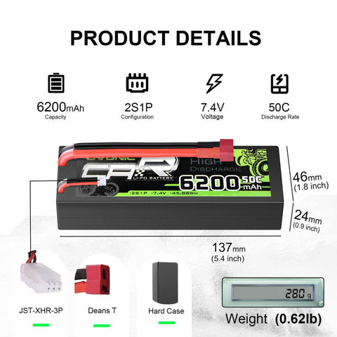 2×OVONIC 7.4V 6200mAh 2S1P 50C Hardcase Lipo Battery with Deans Plug for RC Monster truck